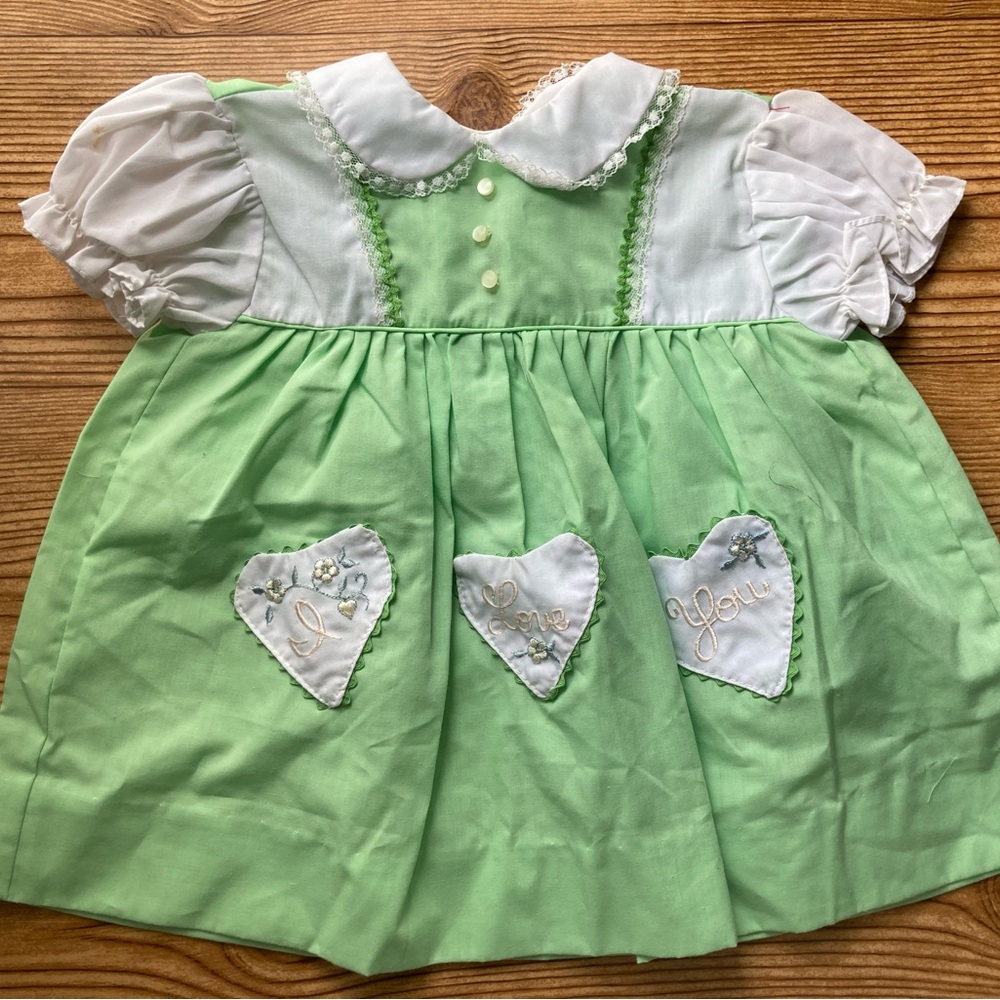 Vintage Styled by Cradle Togs Baby Girl I Love You Heart Dress Green White